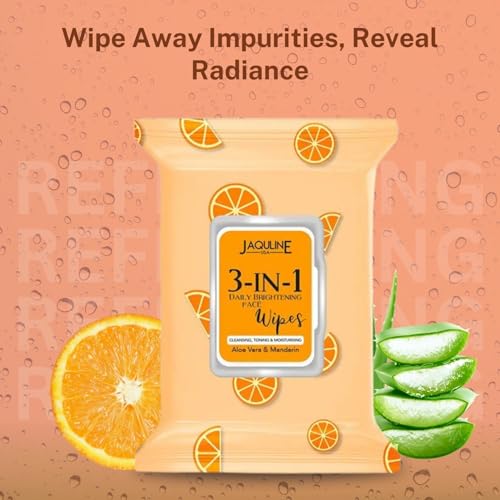 Jaquline USA 3-in- 1 Daily Skin Brightening Wipes - Enriched with the Goodness of Aloe Vera & Mandarin | Helps Cleansing, Toning and Moisturizing the Skin, 30 Pieces - Image 3