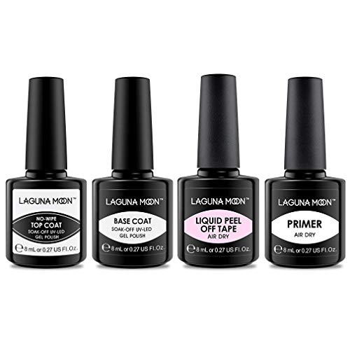 Lagunamoon Gel Nail Polish 4pcs Gel Base and Top Coat Nail Primer for UV/LED Gel Polish Liquid Latex Peel off Tape Cuticle Guard Polish 8ML