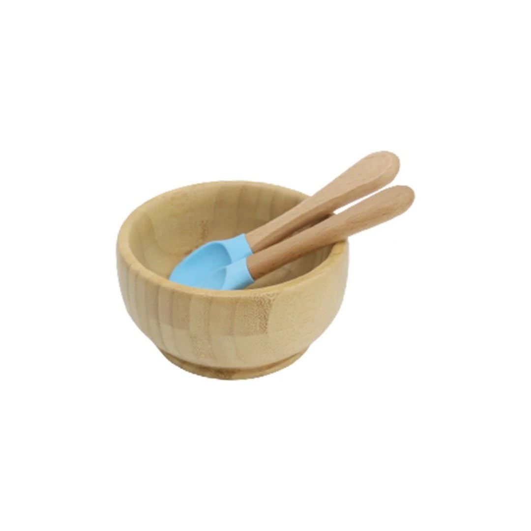 Stay Put Bamboo Suction Bowl 3 in1 with Removable Silicone Base & Silicone Baby Spoon l Baby Fork|Baby Weaning Set Suitable for Baby Led Weaning I Non-Toxic & BPA Free(blue)