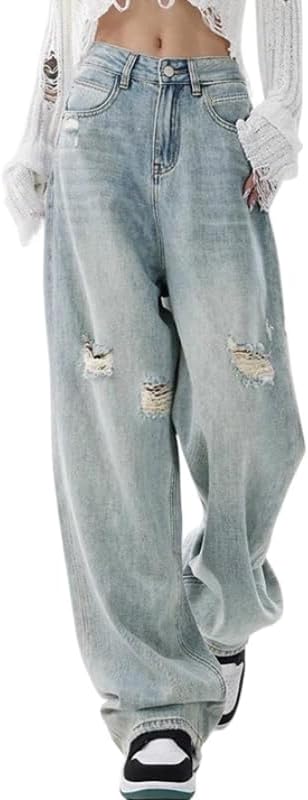 EMMIOL Baggy Jeans for Women Mid-Low Waist Streetwear Jeans Vintage Wide Leg Straight Denim Pants Womens Casual Trousers