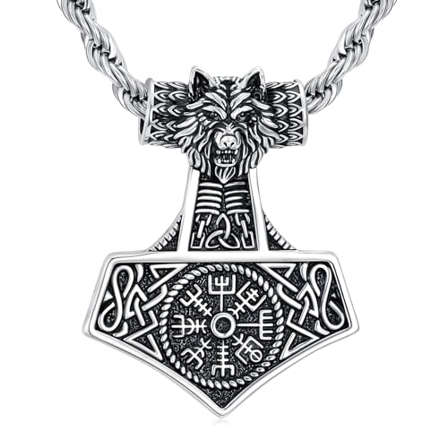 Pendentif marteau de Thor argent 925 loup viking haute finition