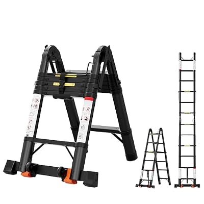 SEEKNEW 12.5 FT Telescoping Ladder, A Frame, Aluminum Extension Ladder, 330 lbs Capacity with Triangular Stabilizers, Portable Collapsible Ladder for Home, Roof and RV; Black