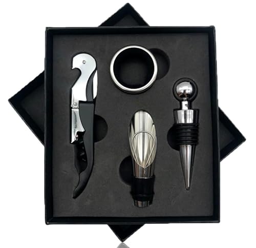 Juego de abridor de vino de 4 piezas con caja de regalo, set de regalo con sacacorchos, vertedor de botellas, tapón de botella y anillo de goteo. El regalo perfecto para los amantes del vino