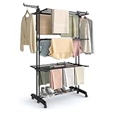 SONGMICS Wäscheständer, Standtrockner 4 Ebenen, Flügelwäscheständer, klappbare Flügel, mit Rollen, 63,5 x 125,5 x 173 cm, groß, einfacher Aufbau, tintenschwarz LLR703BZ02