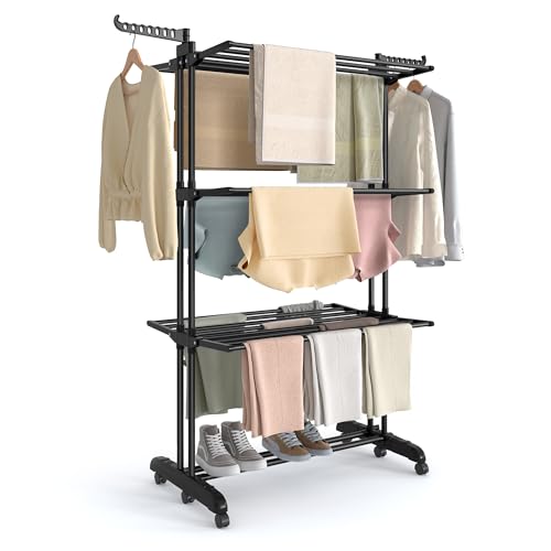 SONGMICS Étendoir à Linge, Séchoir Mobile à 4 Niveaux, avec roulettes, Pliable, 63,5 x 125,5 x 173 cm, Grande Capacité, Utilisation Intérieure et Extérieure, Noir...