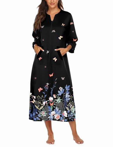 Image of Ekouaer Women Zipper Robe 3 /4 Sleeves Loungewear Dress Full Length Sleepwear Pockets Housecoat Nightgown Long Bathrobe