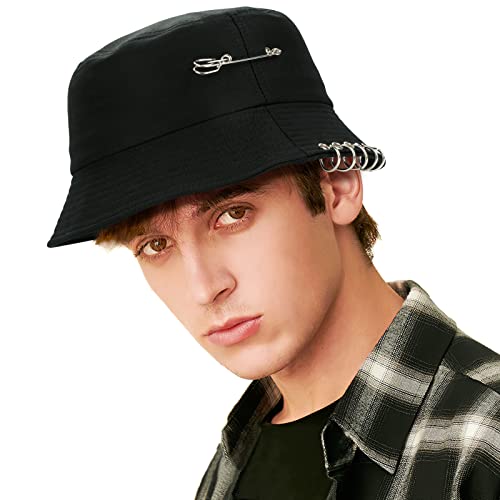 DAMIII Chapeau Bob Le Noir avec Anneau de Fer Femme Homme Chapeau de Soleil Unisexe Pêcheur Randonnée Outdoor Casual Anti-UV Voyage Vintage Été Cover