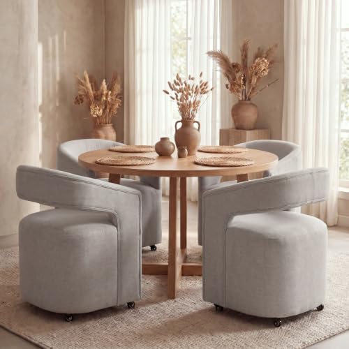HNY 360° Swivel Upholstered Dining Chairs with Wheels Set of 4 – Soft Linen Fabric, Barrel Back Design, Rolling Kitchen Seating for Living Room, Makeup Vanity, Reception, Light Grey Light Gr