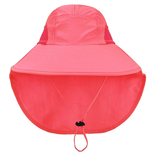 Kids Girls Sun Hat With Neck Flap - Adjustable Children Wide Brim Summer Upf50+ Sun Protection Mesh Bucket(Rose Red) #TOP1