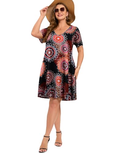 Image of ZENNILO Women's Plus Size Swing Dress with Pockets Casual Summer Dresses V Neck Short Sleeve T Shirt Dress for Women