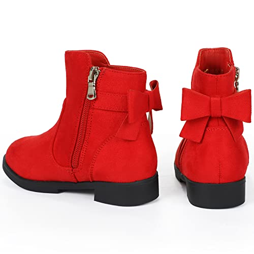 PANDANINJIA Polly Girls Boots Toddler Kids Ankle Boots Dress Short Bow Booties with Side Zipper (Red Suede, 3 M US Little Kid)4