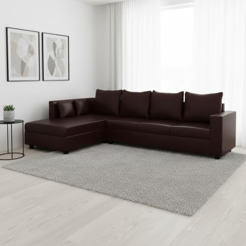 Image of FURNY Harloy 5 Seater LHS L Shape Leatherette Sofa Set (Brown) in Premium Finish | Durable Comfort | Ideal for Living Room