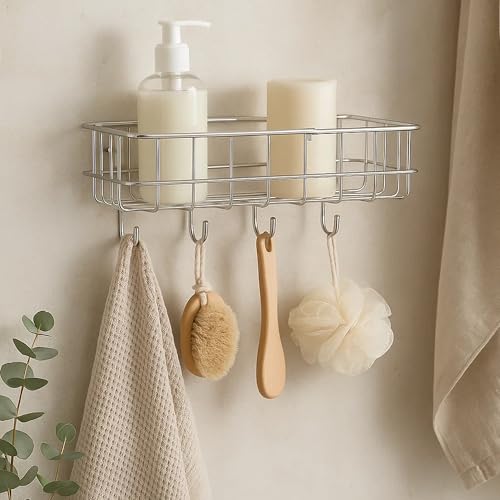 Image of Sulfar Steel Self Adhesive Multipurpose Bathroom Shelf with Hooks /Towel Holder /Rack /Bathroom Accessories-Wall Mount (Black,Powder Coated) (Pack of 1)