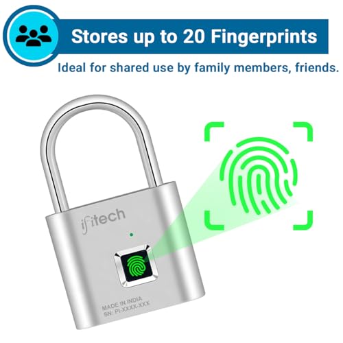 Image of IFITech Smart Fingerprint Padlock, Biometric Keyless Lock with 20 Fingerprint Storage, Rechargeable | Ideal for Personal Spaces and Travel Needs (Small-Silver)