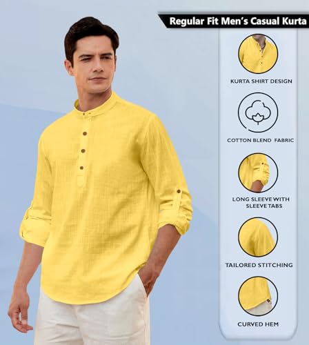 Image of Zombom Men's Solid Cotton Polyester Blend Straight Kurta Shirt, Regular Fit Full Sleeve Short Kurta Shirt