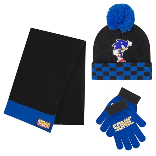 Image of Sonic The Hedgehog Winter Hat and Gloves Set - Blue Sonic Hat for Boys Ages 5-13 - Winter Hat with Scarf and Glove Set