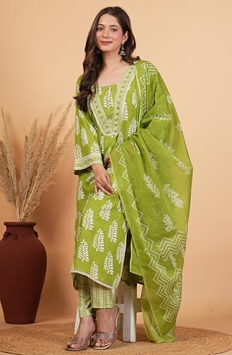Image of Amayra Women's Pure Cotton Straight Kurta Set with Palazzo Pants & Dupatta|Ethnic wear|Kurta Set for Women