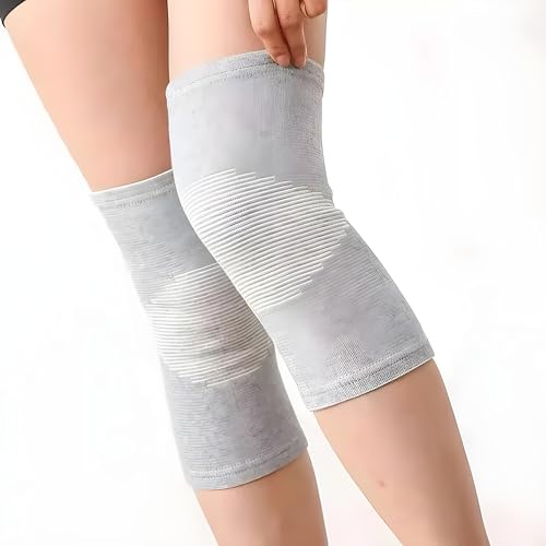 Image of CLAPONE Knee Warmers, Long Cotton Knee Sleeves - For Women, Men, Circulation Improvement and Joint Pain Relief for Arthritis Knees, Knitted Binchotan Yarn, Thick, One Pair (Gray, L)