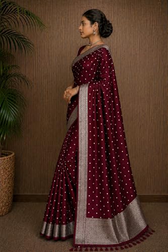 Image of Women's Glory Kanjivaram Banarasi Silk Saree with Polka Dot Embroidery Blend Woven Zari with Jacquard Woven Unstitched Blouse Piece.