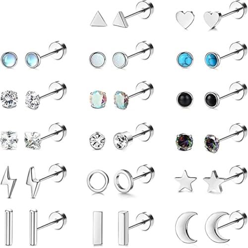 17 Pairs Stainless Steel Stud Earrings Set for Women Men Star Moon flower Heart Leaf Opal 20G Cartilage Earrings Hypoallergenic Flatback Earrings Jewelry