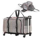 Katziela Rolling Rover Airline Compliant Expandable Premium Pet Carrier 6-Wheeled Baseboard Telescopic Handle Two-Sided Expandable Rolling Carrier Designed (Gray- Pink Piping)