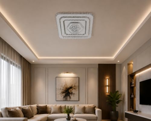 Image of FILLISKA Aluminium Luxurious 3 in 1 Led Ceiling /Wall Chandelier Light with 3 Step Colour Changing Function (Acrylic White Square-638-2SQ)