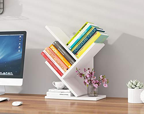 Lydia88 Tree Bookshelf，2-Layer Floor Standing Bookshelf，The Desktop Bookshelf Can Hold Books，Magazines, Cds And Photo Albums，Desktop Organizer，Office Storage Rack Real Wooden Bookshelf，White #TOP3