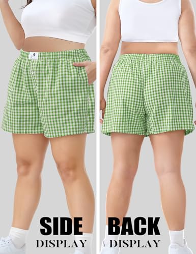 Image of COOTRY Plus Size Women Boxer Shorts Cotton Plaid Gingham Shorts Casual Pajama Sleep Shorts Y2K Beach Bottoms