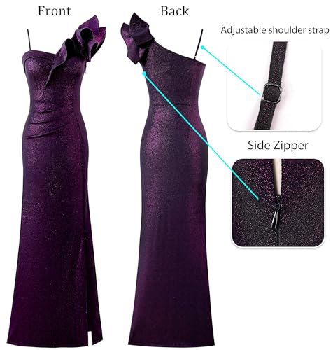 Image of VFSHOW Womens Ruffle One Shoulder Strap Ruched Formal Prom Wedding Maxi Dress V Neck Elegant Split Cocktail Evening Long Gown