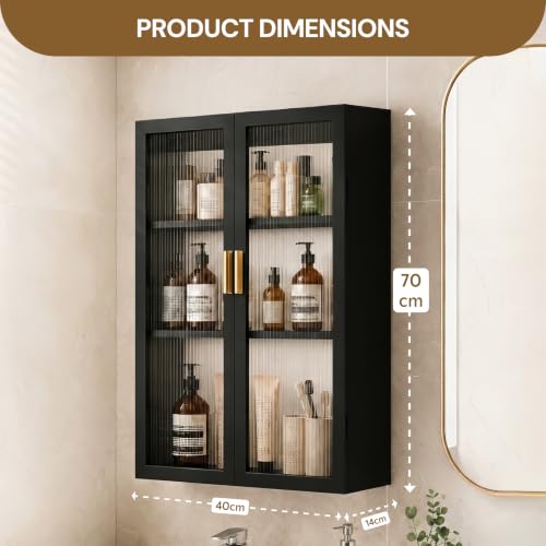 Image of Bathroom Storage Cabinet | Bathroom Accessories Set, Washroom Organiser Cabinet | 3 Layer, Space Saving Carbon Steel Shelf, Black, 40 Cm, Pack of 1