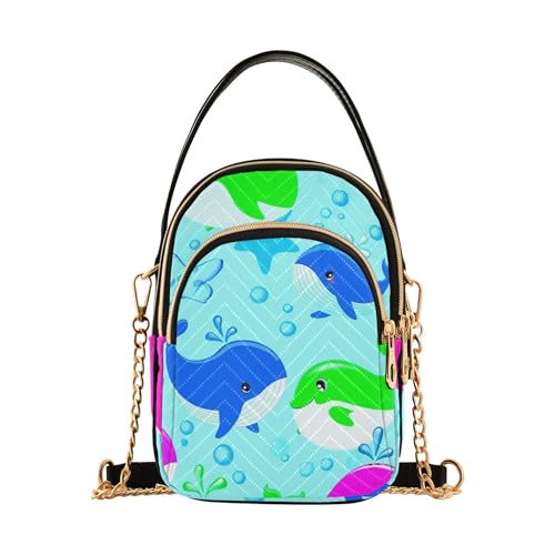Playful Cute Cartoon Whales Shoulder Handbag Women Chain Strap Phone Wallet Handbag Floral Print Zipper Lady Bowler Satchel, 5.9
