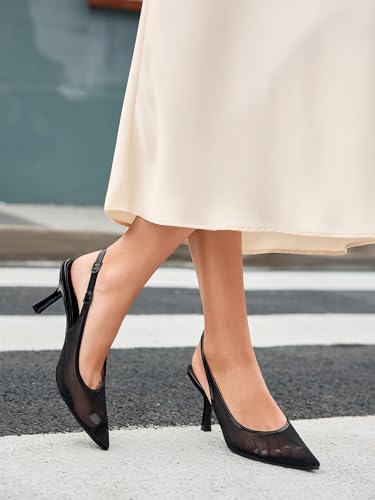 Coutgo Womens Mesh Slingback Kitten Heels Pointed Toe Low Heel Pumps Sexy Dress Shoes3