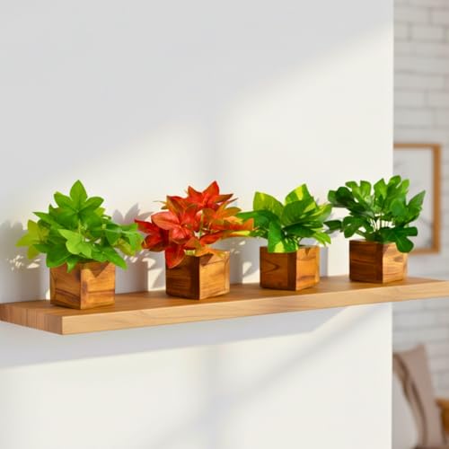 Image of DecoreBugs Artificial Leaves Potted Plants in Wooden Pot (4 Pack) Money Plant | Small Plants for Home Decor | Office Decor