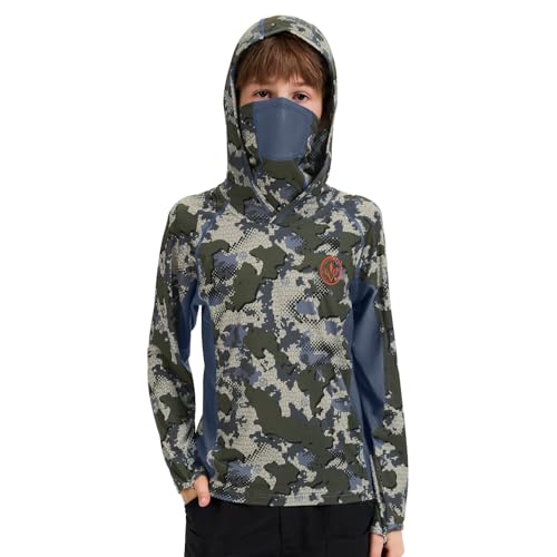 BASSDASH Youth UPF 50+ Camo Hunting Hoodie Shirt with Neck Gaiter Quick Dry Long Sleeve Hooded Tee for Fishing Hiking FS02Y