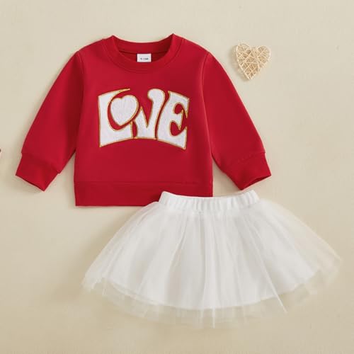 Image of Thorn Tree Valentines Skirts Set Toddler Girl Spring Winter Outfits Heart Sweatshirt Mesh Skirts Cute Baby Girl Set