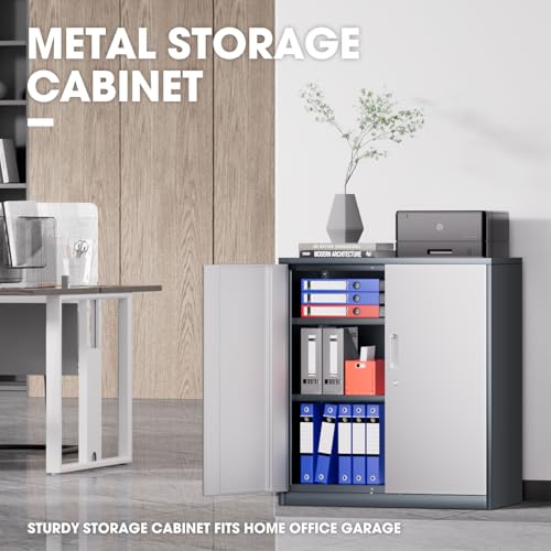 Image of DNA Motoring 36'' Metal Storage Cabinet, Locking Tool Cabinet with 2 Doors and 2 Adjustable Shelves, Heavy Duty Metal Locker for Garage,Office,Home,Gym, Gray White, TOOLS-00631-GY-WH-A