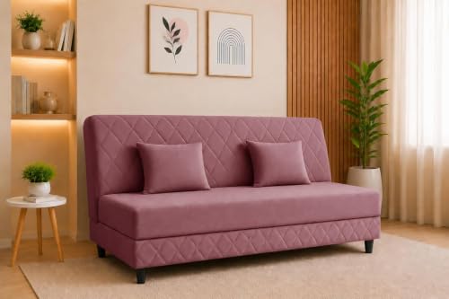 Image of Deco Studio 3 Seater Sofa Bed | Premium Upholstered Velvet Fabric Folding Couch for Living Room, Guest Room & Bedroom | Quilted Backrest with 2 Cushions (Rose-Pink)