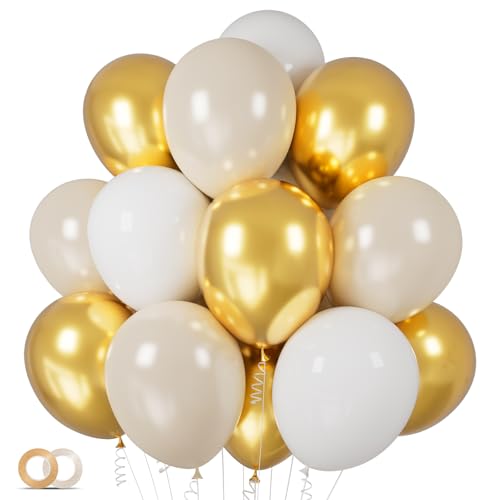 100Pcs White and Gold Balloons 12 Inch White Sand Gold Metallic Latex Balloons Beige Gold Party Balloons for Boho Wedding Birthday Baby Bridal Shower Engagement Anniversary Party Decorations
