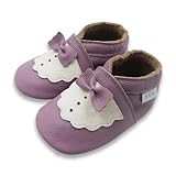 Basrakids Baby Shoes Leather Moccasins Baby Girls Boys Slippers-Soft Sole Non-Skid Lightweight Infant Toddler First Walking Shoes(S, Light Purple Bow)