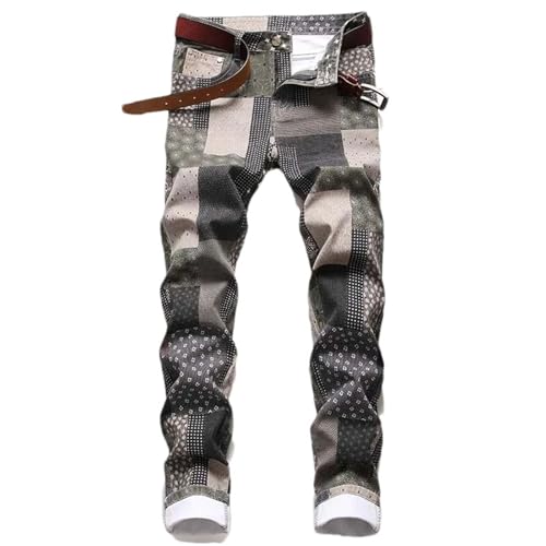 Men's Casual Denim Pants Slim Fit Stretch Print Straight Leg Jeans Western Denim Trousers with Pockets
