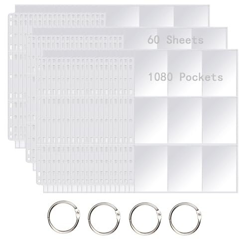 1080 Poches/60 Pcs Protege Carte Double Face, 4 Cercles De Reliure, 9 Pochettes Photos Par CôTé(70x95mm), Pochette Cartes Transparentes, Protection Carte à Collectionner Pour Pokemon Carte