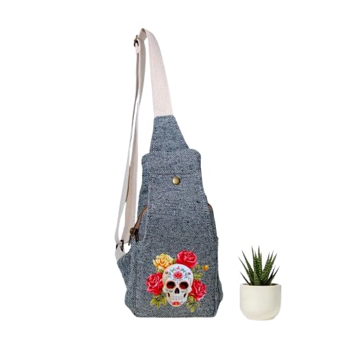 Embroidered Sugar Skull Canvas Sling Bag for Women | Day of the Dead Crossbody Backpack with Adjustable Strap, Spacious Zippers, & Floral Art-image-8