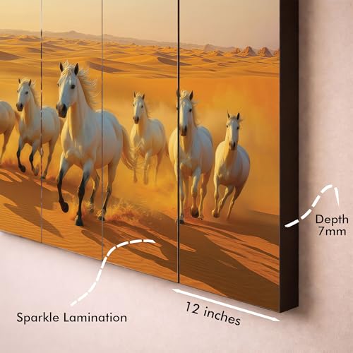 Image of The Castle Decor Running Horses with Rising Sun Vastu Painting | Wooden Frame Multi-Panel Wall Art for Living Room (Multi Color - Design 9, 36x60 Inch)