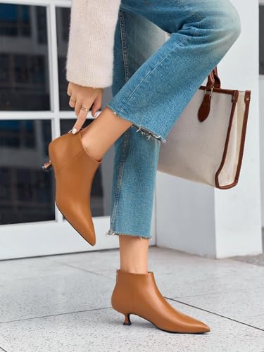 Image of Coutgo Womens Kitten Low Heel Booties Pointed Toe Short Ankle Boots Back Zipper Fall Shoes