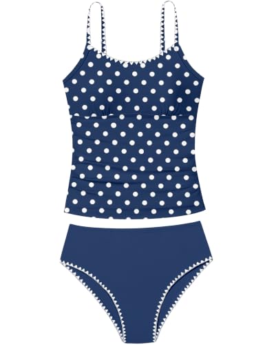 Image of Girls Swimsuit Solid Color Tankini Contrast Trim Swimwear 2 Piece Bathing Suit Padded Swimsuits for Teens 9-16Y