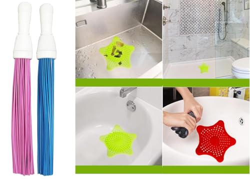 Image of FRESHOME Pack of 2 Broom- 1 Star Sink Strainer, Plastic Kharata Broom 20 Inches with 60 Hard Bristles for Cleaning Floor and Bathroom Wet & Dry Cleaning