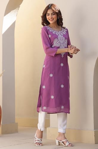 Image of Janasya Women's Georgette Regular Fit Floral Regular Kurta