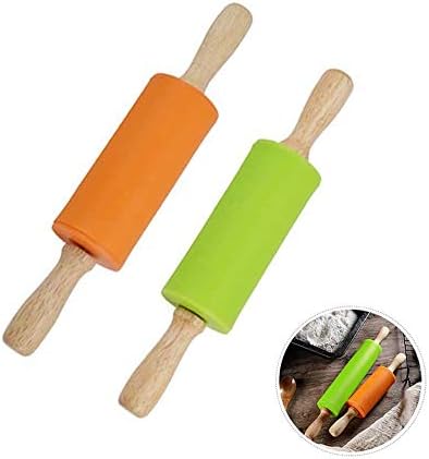 Juliyeh 2 PCS Mini Rolling Pins for Wooden Handle Non-Stick Surface Wooden Handle Silicone Rolling Pin