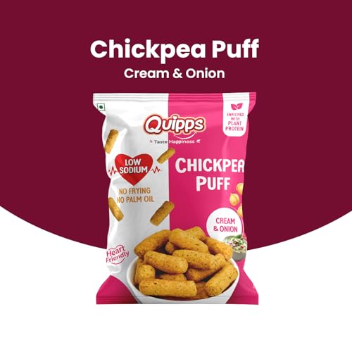 Image of Quipps Chickpea Puff - Cream & Onion (60g) | Plant Protein Healthy Snack | Low Sodium, Gluten Free, No Palm Oil | Non-Fried Crunchy Diet Snack | Heart Friendly Crunchy Puffs | Light & Crunchy Healthy Munchies for Office Snacks