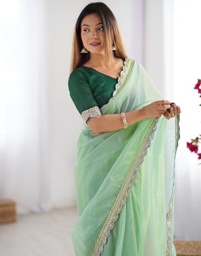 Image of SIRIL Women's Shimmer Net Lace Border Dual Tone Saree with Unstitched Blouse Piece